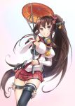  1girl blush brown_eyes brown_hair detached_sleeves flower hair_flower hair_ornament kantai_collection long_hair looking_at_viewer manmaru_tamago oriental_umbrella ponytail skirt smile solo thigh-highs thigh_strap umbrella very_long_hair yamato_(kantai_collection) 