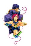  1girl back-to-back blue_eyes blue_hair double_bun father_and_daughter green_lipstick hat heart heart_hands heart_of_string jojo_no_kimyou_na_bouken kuujou_jolyne kuujou_joutarou lipstick makeup midriff multicolored_hair pink_hair purple_hair redhead string tattoo two-tone_hair yaji 