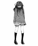  1girl blush bow coat crying half-closed_eyes highres jpeg_artifacts kawai_makoto kneehighs loafers monochrome original plaid plaid_bow plaid_ribbon pleated_skirt ribbon sad scarf scarf_over_mouth school_uniform shoes simple_background skirt solo standing tears white_background 