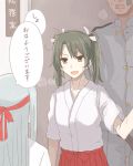  1boy 2girls admiral_(kantai_collection) breasts cleavage heavy_breathing japanese_clothes kantai_collection kinosita_ginkou messy_hair multiple_girls shoukaku_(kantai_collection) translated twintails zuikaku_(kantai_collection) 
