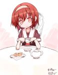  1girl brown_hair chair cookie cup food hair_ornament hairband holding kantai_collection looking_at_viewer maiku plate red_eyes school_uniform serafuku shiratsuyu_(kantai_collection) short_hair signature sketch smile solo table teacup teapot 