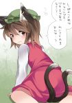  1girl animal_ears brown_eyes brown_hair cat_ears cat_tail chen commentary earrings hammer_(sunset_beach) hat jewelry looking_back multiple_tails short_hair solo tail tears touhou translated wavy_mouth 