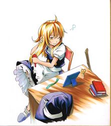  1girl ahoge ankle_socks apron blonde_hair book_stack colored_pencil_(medium) expressionless facing_away hair_brush hair_brushing hat hat_removed headwear_removed high_collar highres kirisame_marisa koji_(koji-a) long_hair marker_(medium) mirror nib_pen_(medium) one_eye_closed petticoat puffy_short_sleeves puffy_sleeves ribbon scissors shikishi short_sleeves simple_background sitting skirt skirt_set slippers solo table touhou traditional_media waist_apron white_background witch_hat yellow_eyes 