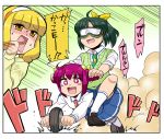  +_+ 3girls blonde_hair drill_hair goggles green_eyes green_hair hairband hoshizora_miyuki kise_yayoi koyama_shigeru long_hair midorikawa_nao multiple_girls open_mouth pen pink_eyes pink_hair ponytail precure riding school_uniform short_hair smile smile_precure! translated twin_drills wheel yellow_eyes yellow_hair 