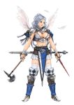  1girl armor axe bikini_armor boots carina carina_(xiaowoo) garter_straps grey_eyes skirt sword thigh-highs weapon white_hair wings 