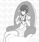 /\/\/\ 1girl :t animated animated_gif boots chair crossed_legs cup doughnut dress hair_ornament hairclip highres junketsu kill_la_kill kiryuuin_satsuki kuso_otoko long_hair monochrome pinky_out sitting solo teacup thigh-highs thigh_boots 