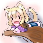  1girl animal_ears blonde_hair blush cat_ears cat_tail chibi d: extra_ears fang hoshizuki_(seigetsu) kemonomimi_mode lying mizuhashi_parsee on_stomach open_mouth pointy_ears puru-see short_hair solid_oval_eyes solo tail touhou trembling 