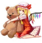  1girl ascot barefoot blonde_hair blush doll_hug dress fang flandre_scarlet gawuwuwu hat hat_ribbon highres looking_at_viewer mob_cap open_mouth pillow puffy_short_sleeves puffy_sleeves red_dress red_eyes ribbon shirt short_sleeves side_ponytail simple_background sitting solo stuffed_animal stuffed_toy teddy_bear touhou wariza white_background wings 