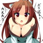  1girl :o animal_ears bare_shoulders breasts brown_hair cleavage fang highres imaizumi_kagerou large_breasts long_hair looking_at_viewer miton15 open_mouth red_eyes simple_background solo touhou translation_request white_background wolf_ears 