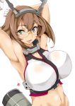  1girl aoi_manabu armpits bespectacled blush breasts brown_hair glasses gloves green_eyes hairband headgear kantai_collection large_breasts midriff mutsu_(kantai_collection) navel open_mouth rimless_glasses short_hair simple_background smile solo white_background white_gloves 
