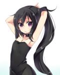  1girl adjusting_hair alternate_costume amano_kouki black_dress black_hair choker cross cross_necklace dress highres jewelry long_hair looking_at_viewer mouth_hold necklace note-chan original ponytail solo vertical-striped_dress very_long_hair violet_eyes 