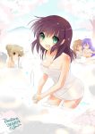  4girls angel_beats! breast_grab feet_in_water green_eyes irie_(angel_beats!) multiple_girls naked_towel onsen purple_hair remotaro sekine short_hair soaking_feet towel water water_gun yuri_(angel_beats!) yusa_(angel_beats!) 