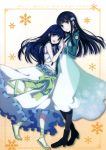  2girls :d absurdres bangs black_legwear blue_eyes blue_hair blunt_bangs boots dress dual_persona flower frilled_dress frills hair_flower hair_ornament hairclip hands_together highres long_hair looking_at_viewer mahouka_koukou_no_rettousei multiple_girls necktie official_art open_mouth pantyhose sandals scan school_uniform shiba_miyuki smile snowflakes time_paradox white_dress younger 