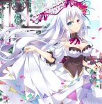  1girl blurry breasts cleavage depth_of_field flower flower_on_head hair_ornament heterochromia holding long_hair looking_at_viewer nyori original parasol smile solo umbrella very_long_hair white_hair 