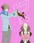  !? 1boy 1girl brown_eyes brown_hair bucket chocolate jacket long_hair makoooko pink_background pokemon pokemon_(game) pokemon_bw ribbon simple_background smile sweat touko_(pokemon) touya_(pokemon) valentine vest 