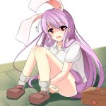  1girl animal_ears blush breasts highres long_hair looking_at_viewer miton15 multicolored_eyes open_mouth purple_hair purple_skirt rabbit_ears red_eyes reisen_udongein_inaba sitting skirt solo touhou very_long_hair violet_eyes 