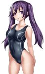  1girl barefoot breasts chestnut_mouth competition_swimsuit covered_navel highleg highleg_swimsuit katagiri_(a1466502) long_hair one-piece_swimsuit original purple_hair simple_background solo swimsuit thighs twintails violet_eyes white_background 