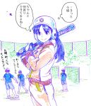  1girl baseball_bat baseball_helmet comic gloves helmet long_hair original ponytail smile sportswear suzuki_kenya track_suit 