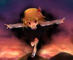  1girl ankle_socks bending_forward blonde_hair darkness fang flying folded_leg hair_ribbon long_sleeves looking_at_viewer mary_janes mountain open_mouth outstretched_arms ribbon rumia shoes short_hair skirt skirt_set sky solo spread_arms star_(sky) starry_sky sunset touhou yamoto_(jai-san24_11) 