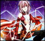  1girl bare_shoulders black_legwear breasts center_opening cleavage detached_sleeves fingerless_gloves gloves guilty_crown hair_ornament hairclip long_hair looking_at_viewer navel pink_hair red_eyes solo thigh-highs twintails yuzuriha_inori 