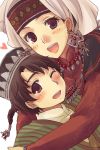  1boy 1girl :d ;d age_difference amira braid brown_eyes brown_hair dutch_angle earrings harushino hat head_scarf heart hug husband_and_wife jewelry karluk long_hair long_sleeves looking_at_viewer necklace one_eye_closed open_mouth otoyomegatari pearl pearl_necklace short_hair smile striped 