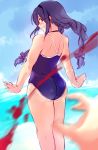  1girl akemi_homura ass black_hair blood blush braid competition_school_swimsuit glasses hairband long_hair looking_at_viewer looking_back mahou_shoujo_madoka_magica negresco one-piece_swimsuit red-framed_glasses sketch smile solo solo_focus swimsuit twin_braids twintails violet_eyes 