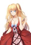  1girl absurdres blonde_hair blue_eyes breasts cleavage collarbone dress halterneck highres long_hair looking_at_viewer original simple_background smile solo white_background yeluno_meng 
