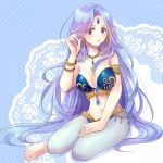  1girl anklet arabian_clothes armlet barefoot bikini_top blush bracelet earrings forehead_jewel harem_outfit harem_pants jewelry long_hair looking_at_viewer midriff navel original pointy_ears purple_hair see-through sitting very_long_hair violet_eyes white_s 