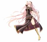  1girl aqua_eyes arm_up belt black_dress black_legwear boots covered_navel cross-laced_footwear dress hairband highres knee_boots long_hair megurine_luka nail_polish pink_hair see-through simple_background solo very_long_hair vocaloid white_background yeluno_meng 