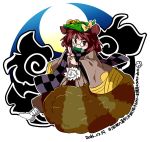  1girl animal_ears biting brown_eyes brown_hair byourou checkered checkered_scarf fang full_moon futatsuiwa_mamizou glasses hat leaf leaf_on_head long_sleeves looking_at_viewer moon mouth_hold night pince-nez raccoon_ears raccoon_tail scarf scroll short_hair smile solo tail touhou wide_sleeves 