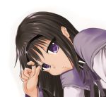  1girl akemi_homura black_hair hairband leaning long_hair looking_at_viewer lowres mahou_shoujo_madoka_magica playing_with_own_hair portrait simple_background solo violet_eyes white_background 