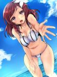  1girl bikini breasts cleavage flower gin&#039;ichi_(akacia) hair_flower hair_ornament looking_at_viewer love_live!_school_idol_project nishikino_maki open_mouth outstretched_arm redhead short_hair smile solo swimsuit violet_eyes wet 