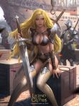  1girl armor bikini_armor black_panties blonde_hair blue_eyes box bracer breasts cleavage copyright_name full_armor garter_belt harbor huge_weapon jewelry kilart legend_of_the_cryptids lips lipstick long_hair makeup navel nose over_shoulder panties pauldrons pendant planted_sword planted_weapon sitting solo_focus sword underwear weapon weapon_over_shoulder white_legwear 