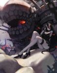  1girl bare_shoulders battleship-symbiotic_hime black_hair breasts cannon cleavage fire highres horns kantai_collection legs long_hair off_shoulder oni_horns pale_skin red_eyes shinkaisei-kan solo undeedking very_long_hair 