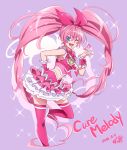  0417nao 1girl blue_eyes blush bow character_name choker cure_melody curly_hair earrings frilled_skirt frills hair_bow hairband heart heart_earrings houjou_hibiki jewelry long_hair magical_girl midriff musical_note one_eye_closed pink_hair precure skirt solo suite_precure thigh-highs twintails very_long_hair zettai_ryouiki 