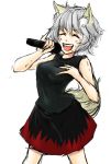  1girl animal_ears bare_shoulders breasts closed_eyes hand_on_own_chest highres inubashiri_momiji microphone open_mouth shinomiya_naka short_hair silver_hair simple_background singing solo tail touhou white_background wolf_ears wolf_tail 