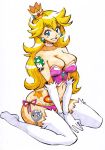  1girl bare_shoulders blonde_hair blue_eyes blush breasts bustier choker cleavage crown earrings elbow_gloves gloves jewelry large_breasts long_hair making_of mound_of_venus navel nintendo panties pink_panties princess_peach rafchu side-tie_panties sitting solo super_mario_bros. tattoo thigh-highs underwear v_arms wariza white_background white_legwear 