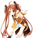  &gt;:) 1girl ahoge aihara_enju black_bullet blush brown_eyes brown_hair grandia_(artist) hair_ornament long_hair pleated_skirt pointing pointing_at_viewer signature simple_background skirt smile solo tagme twintails white_background 
