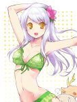  1girl arms_up bare_shoulders bikini breasts cleavage collarbone eve_santaclaus flower frilled_bikini frills front-tie_top green_bikini hair_flower hair_ornament highres idolmaster idolmaster_cinderella_girls long_hair melonbooks navel paopao silver_hair smile solo swimsuit yellow_eyes 