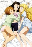  3girls absurdres anya_hepburn black_hair blonde_hair blush brown_hair harudori_tsugumi highres legs long_hair lying megami multiple_girls official_art on_back on_side pajamas panties shirt short_hair smile soul_eater_not! tatane_meme underwear 