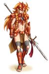  1girl armor artist_request barefoot braid breasts character_request feet freckles gloves greaves loincloth long_hair midriff navel polearm redhead scar solo source_request spear tied_hair toeless_legwear twintails underboob very_long_hair weapon yellow_eyes 