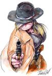  1girl aiming_at_viewer blonde_hair breasts cleavage cowboy_hat cowboy_shot crea_harvey gun hair_over_one_eye hat holster large_breasts long_coat orange_eyes original pistol ponytail revolver signature solo weapon western yabataso 