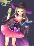  1girl :q book bottle brown_hair detached_sleeves green_eyes hat holding ilog long_hair looking_at_viewer occhan_(artist) official_art potion solo tagme tongue tongue_out witch_hat 