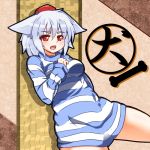  1girl against_wall animal_ears bone breasts ears_down fang goma_azarasi hand_on_own_chest hat inubashiri_momiji long_sleeves naked_sweater open_mouth red_eyes silver_hair solo striped striped_sweater sweater thighs tokin_hat touhou wolf_ears 