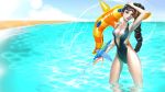  1girl alternate_costume arm_up armpits artist_request barefoot black_hair blue_eyes braid breasts cleavage highres inflatable_toy league_of_legends long_hair looking_at_viewer shauna_vayne solo source_request sunglasses swimsuit thighs very_long_hair water water_gun 