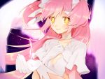  1girl bow cleavage_cutout etsuo feathered_wings gloves goddess_madoka hair_bow hand_on_own_chest kaname_madoka long_hair magical_girl mahou_shoujo_madoka_magica pink_hair short_twintails solo spoilers twintails two_side_up white_gloves wings yellow_eyes 