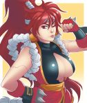  1girl android bloodberry breasts center_opening cleavage earrings flexing g138 gloves highres japanese_clothes jewelry large_breasts lips long_hair one_eye_closed ponytail pose red_eyes redhead rope saber_marionette_j shimenawa solo spikes 