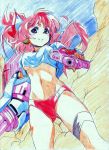  1girl blue_eyes breasts dokozo_no_shirou gadget_trial gatling_gun gun izen long_hair navel pink_hair solo traditional_media underboob weapon 