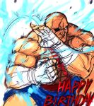  1boy bald blocking eyepatch happy_birthday highres kimuchi muscle sagat scar shirtless shorts solo street_fighter wrist_wraps 