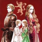  1boy 1girl a_song_of_ice_and_fire armor blonde_hair braid cape cersei_lannister closed_eyes dress dual_persona green_eyes highres holding_hands jaime_lannister jewelry lion long_hair necklace short_hair siblings siuuu smile younger 